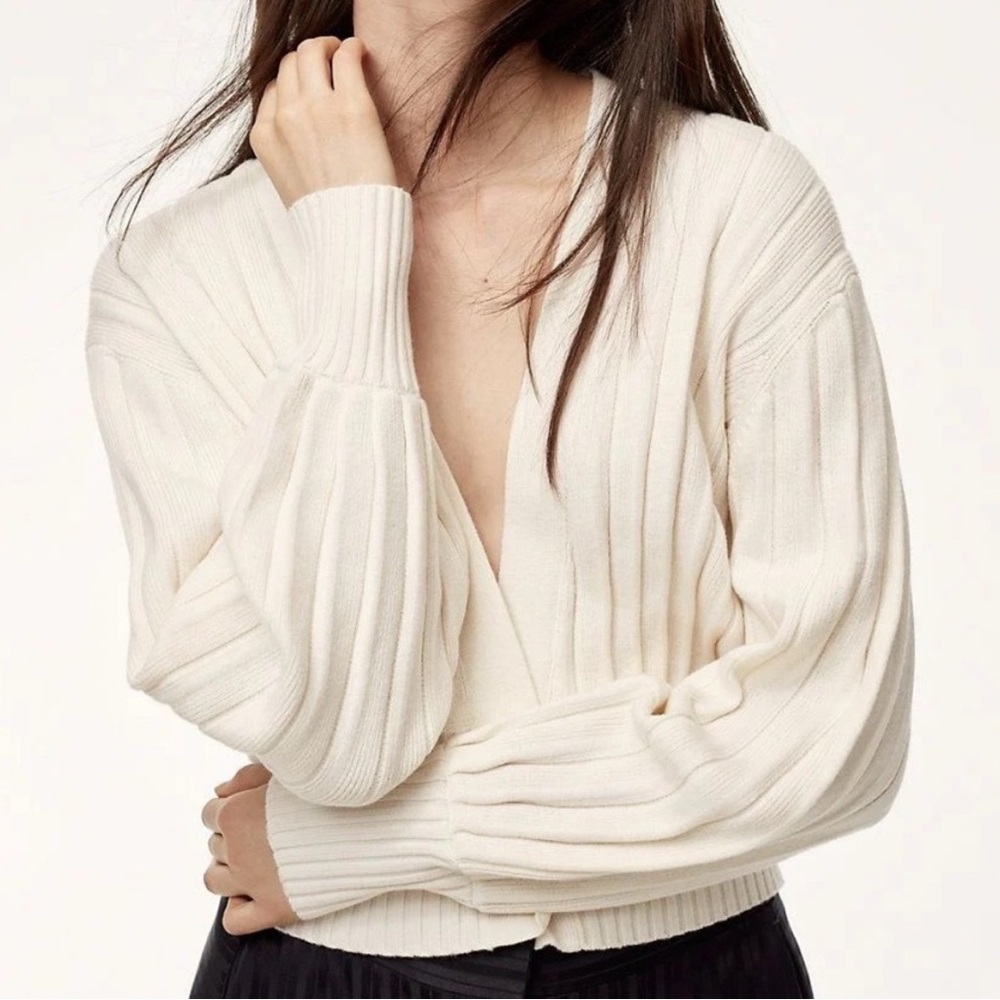Aritzia Cream Ribbed Cardigan Merino Wool Blend sweater